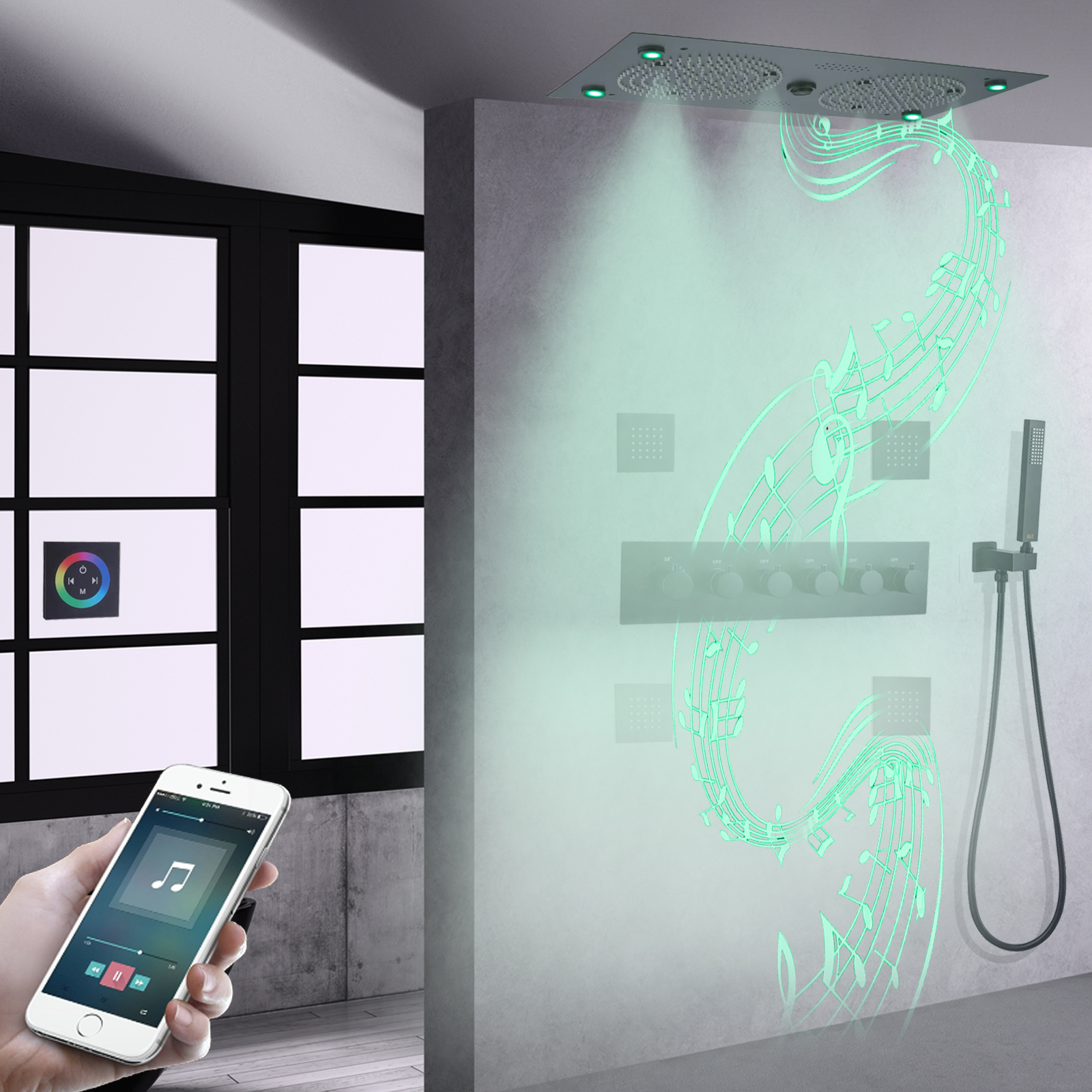 Matte Black LED Music Shower Systems Bathroom Bath Concealed Faucet Thermostatic Rainfall Shower Set