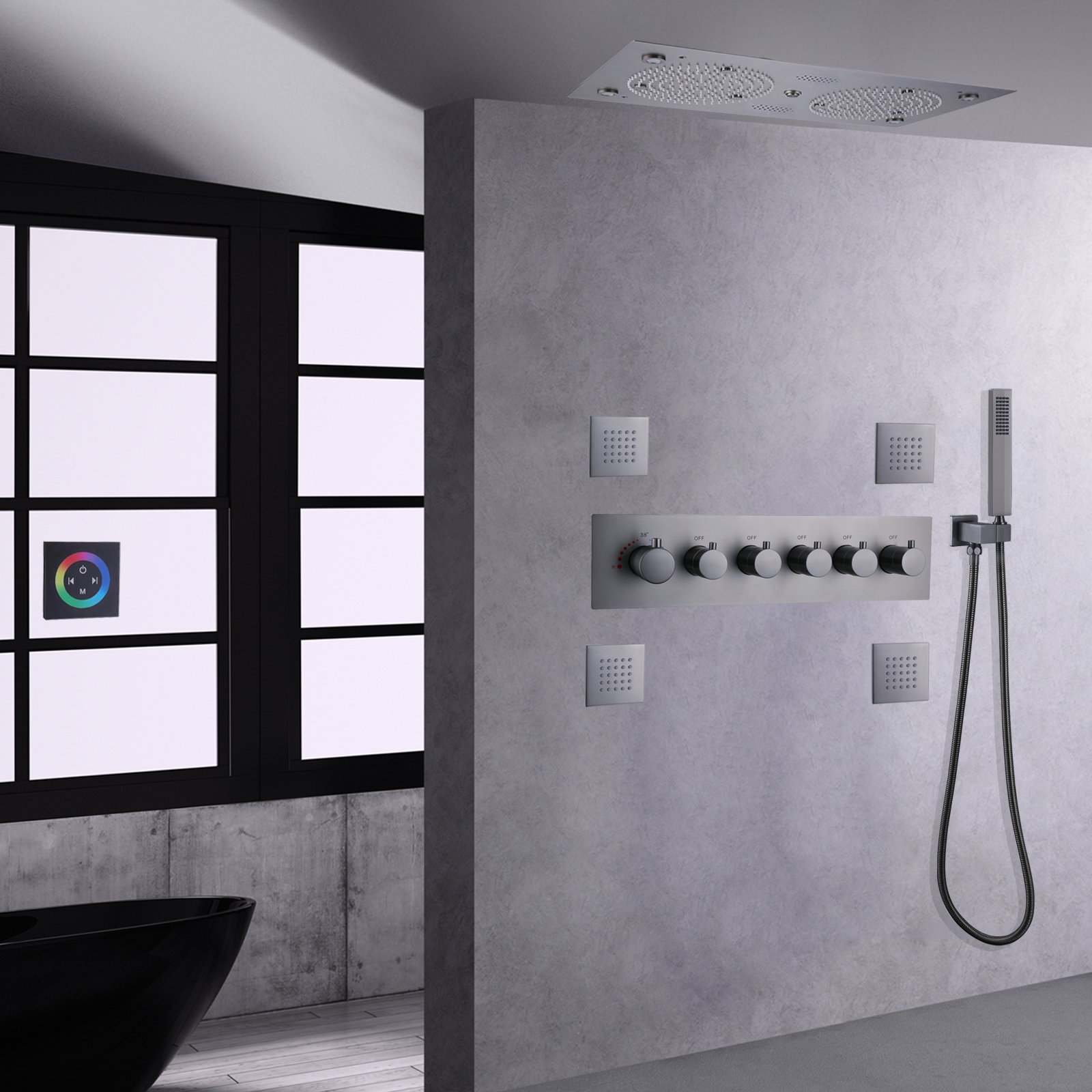 High Quality Gun Gray LED Shower Head Faucet Set Music Thermostatic Shower System Massage Jets