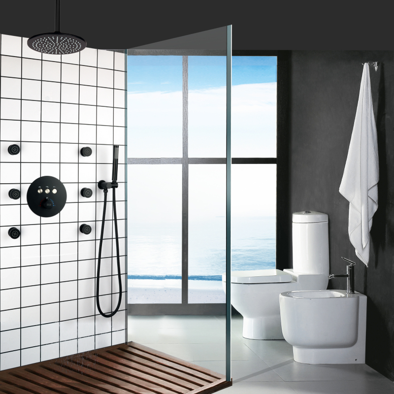 Luxury Matte Black Bathroom Round Rainfall Shower Head Set High Quality Brass Handheld Tub Spout Combo