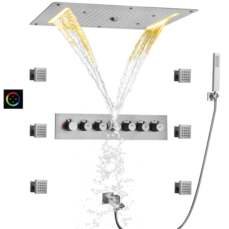 Brushed Nickel Shower System Thermostatic Shower Panel Waterfall Rainfall Handheld Shower Set Mixer