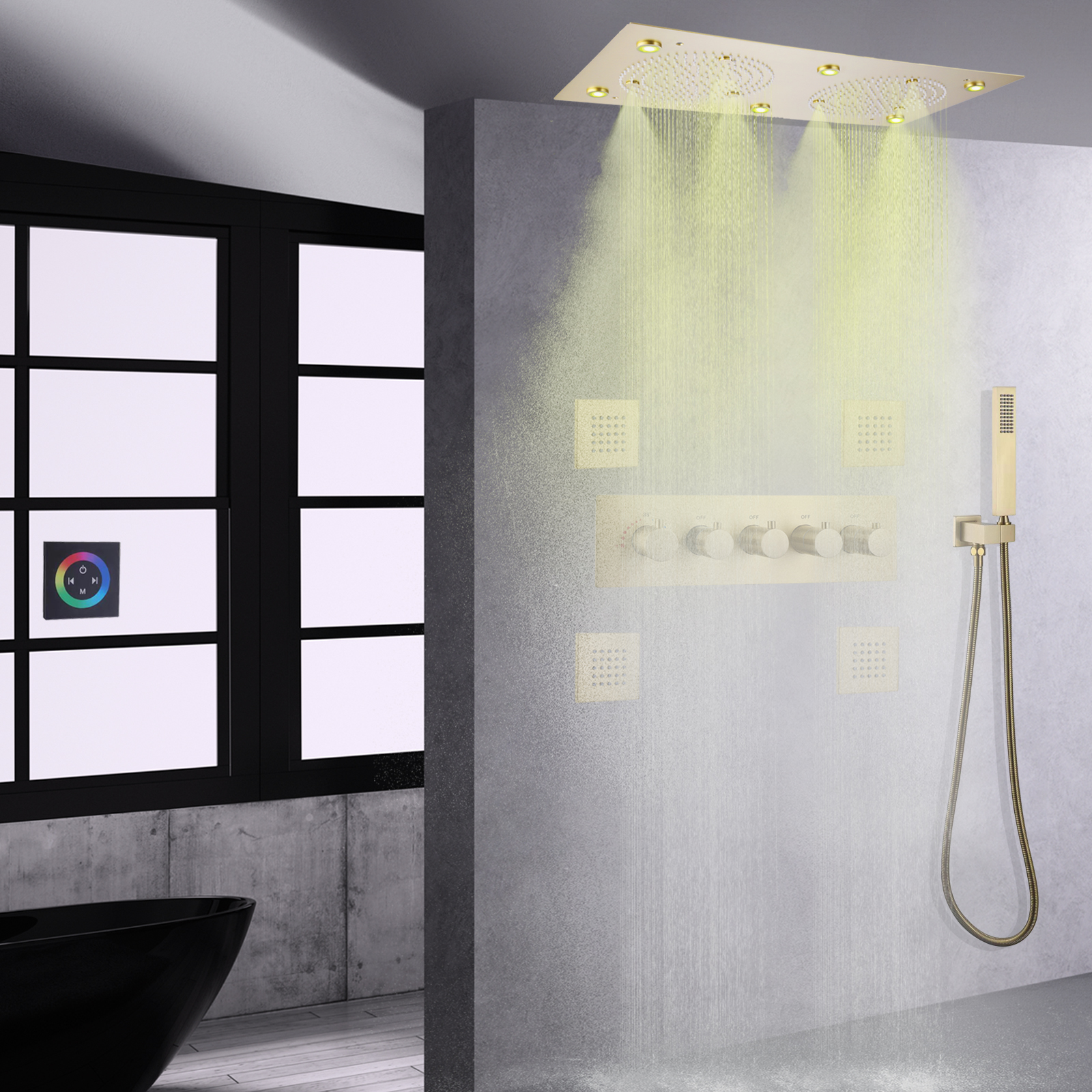 Brushed Gold LED Shower System Set Bathroom ThermostaticMist Rainfall Shower Massage Head