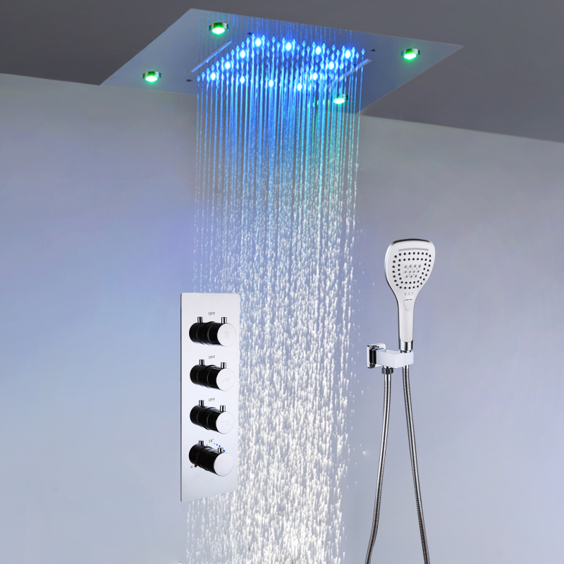 Ceiling Mounted LED Shower Head SUS304 20x14 Inch Rain Waterfall Shower Thermostatic Main Body Bathroom Shower Faucet