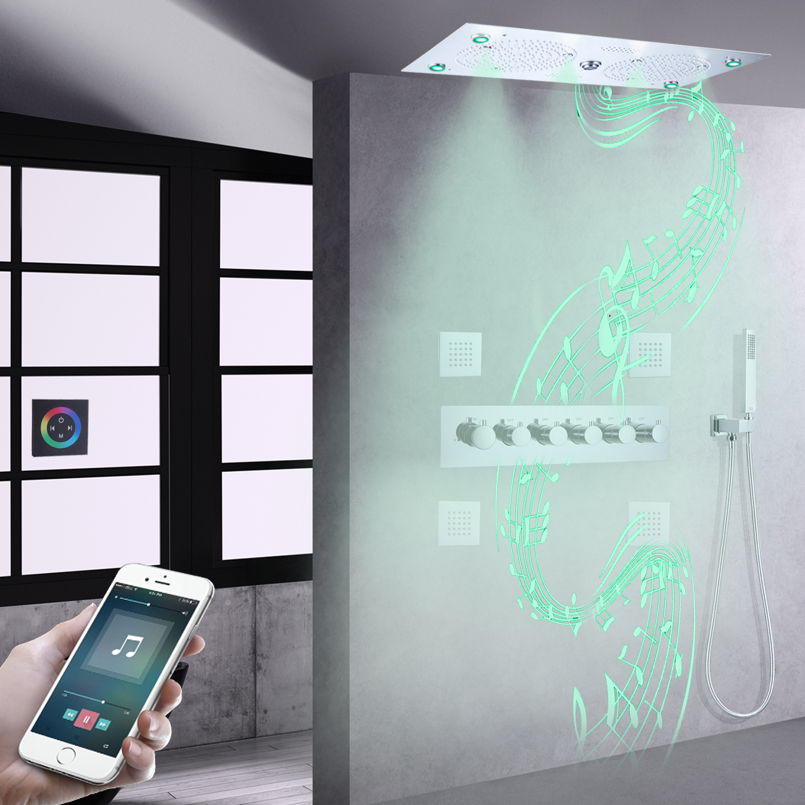 Chrome Polished Thermostatic LED Bathroom Music Shower Column Rain Mist Shower Faucet Handheld Douche Set