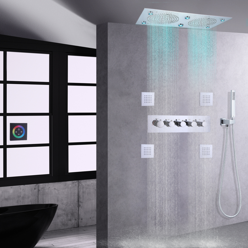 Chrome Polished Shower Faucets Set 620*320 MM LED Bathroom Thermostatic Concealed Shower Mixer With Handheld