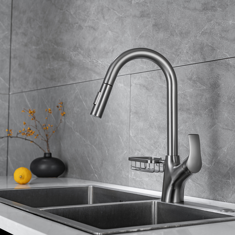Gun Gray Luxury Contemporary Basin Sink Kitchen Faucet Pull Out Multifunctional Single Handle