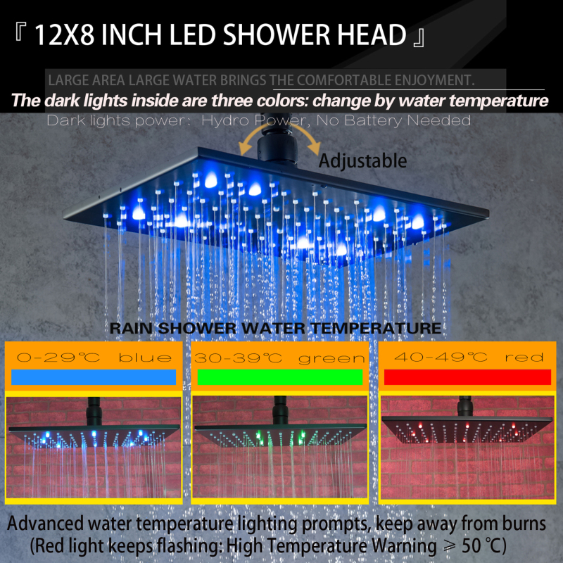 Matte Black 28X18CM Shower Mixer LED 3 Color Temperature Changing Bathroom Wall Mount Rainfall Shower
