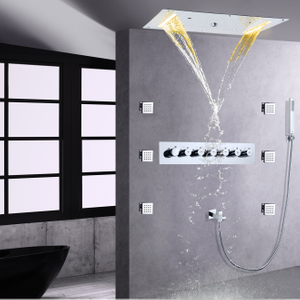 Chrome Polished LED Thermostatic Shower Mixer Bathroom Shower System Waterfall Rainfall Handheld Body Jet Spa