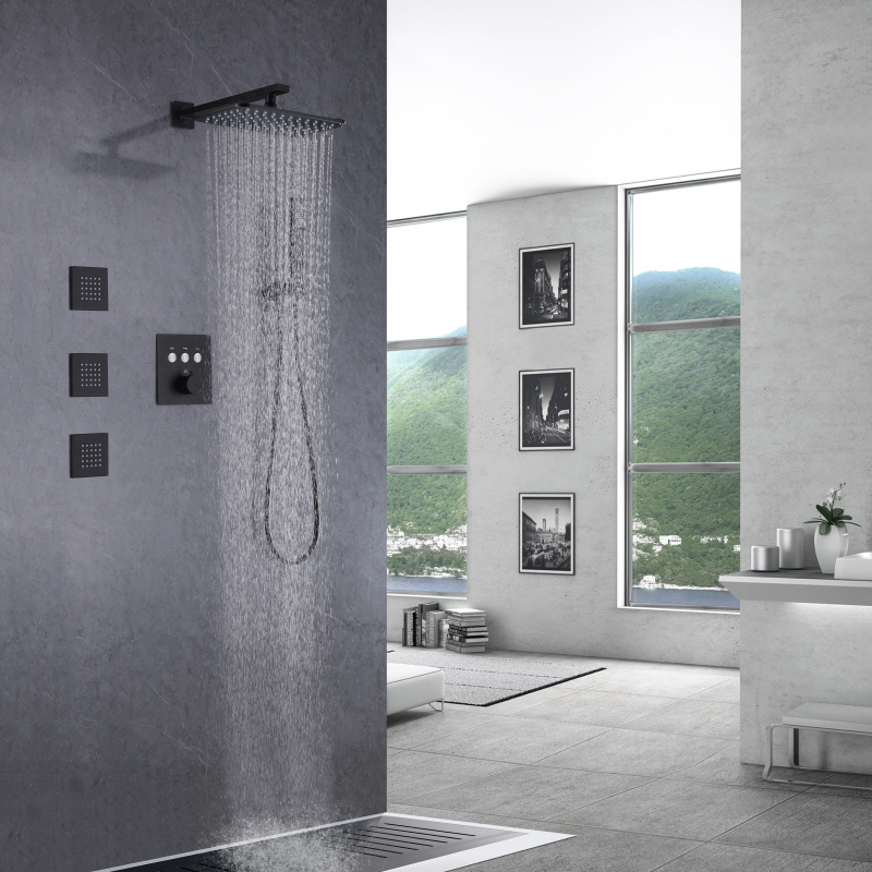 Matte Black Thermostatic Shower Faucets Bathroom Rainfall Douche Massage Shower Set