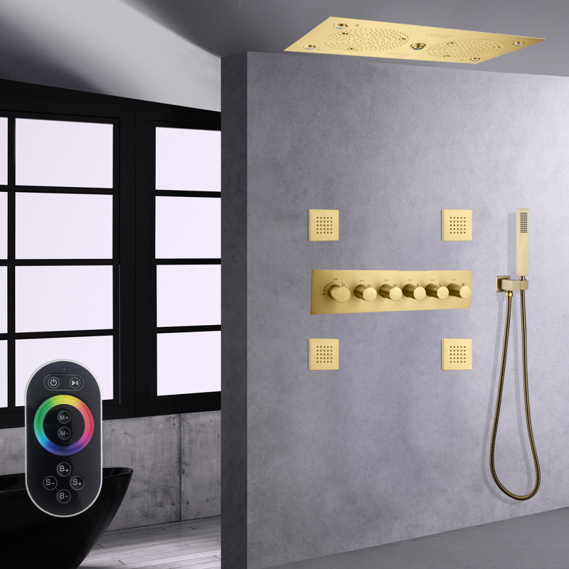 Luxury Brushed Gold Thermostatic Shower Head Set 620*320mm LED Bathroom With Music Features Massage Shower Nozzle