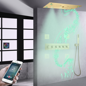 Brushed Gold LED Thermostatic Shower Faucet Rain Mist Column With Music Features Brass Handheld Shower