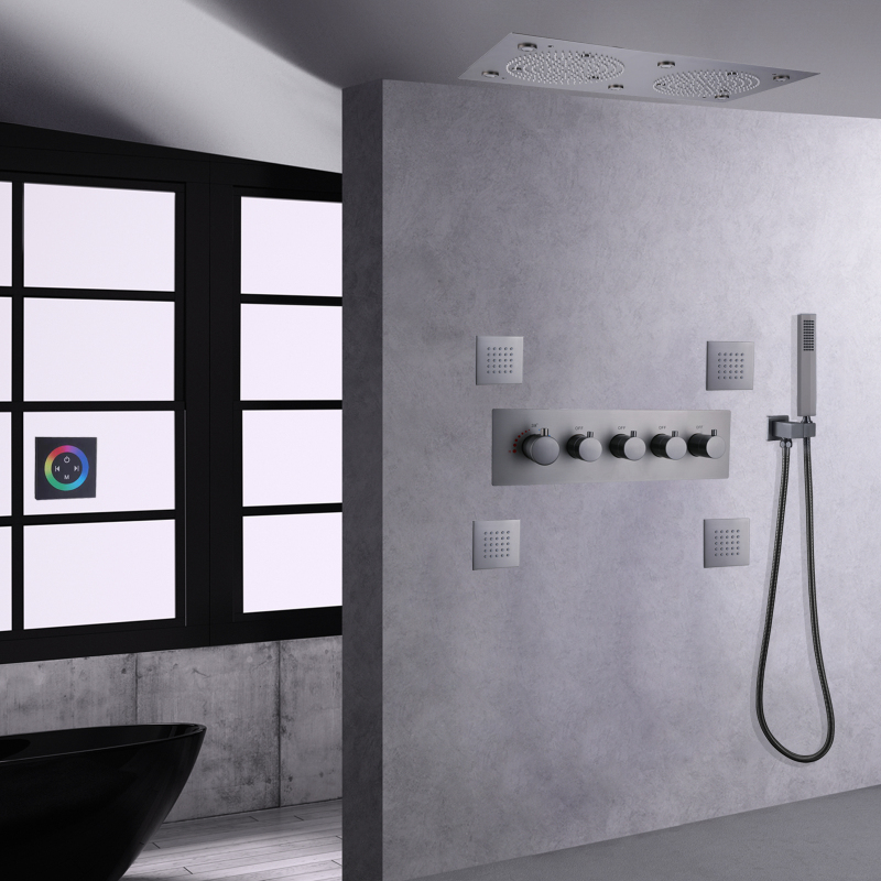 Gun Gray Thermostatic Shower Faucets Set 62*32 CM LED Bathroom Top Shower Rainfall Atomizing Massage Showers Set
