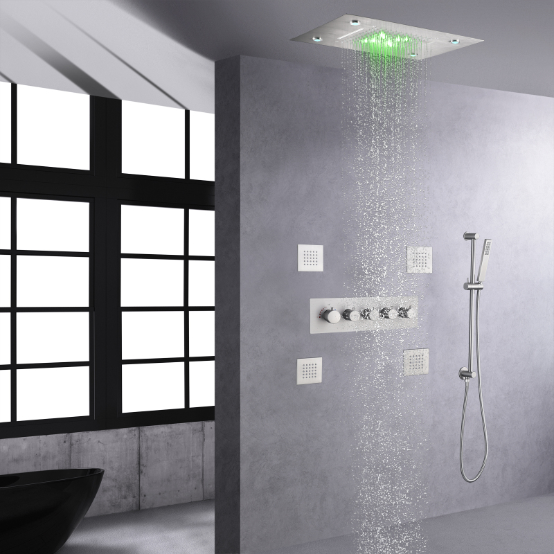 Brushed Nickel Bath & Shower Faucets LED Thermostatic Shower Set 14 X 20 Inch Waterfall And Rain Shower Head System