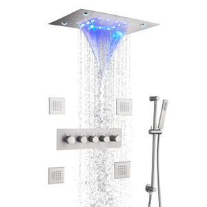 Brushed Nickel Bath & Shower Faucets LED Thermostatic Shower Set 14 X 20 Inch Waterfall And Rain Shower Head System