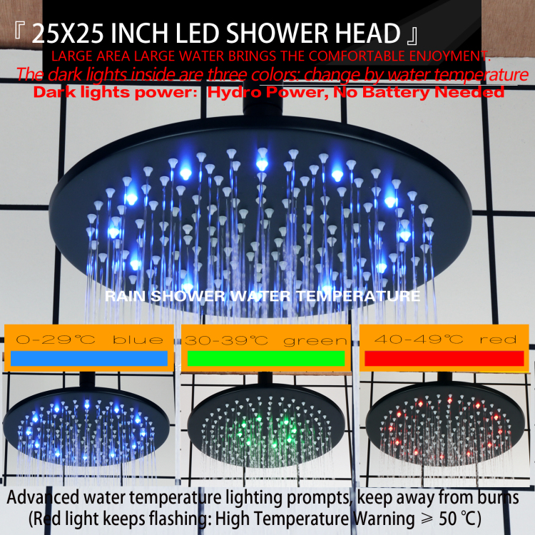Matte Black 25X25CM Shower Head LED 3 Color Temperature Changing Bathroom Hoisting Shower Rainfall