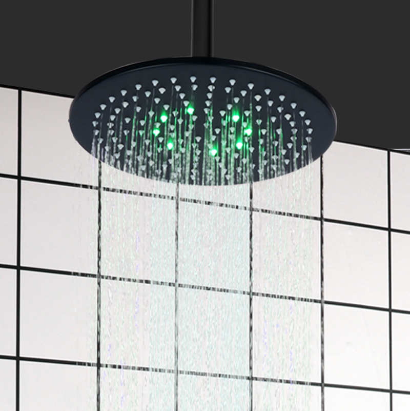 Matte Black 25X25CM Shower Head LED 3 Color Temperature Changing Bathroom Hoisting Shower Rainfall