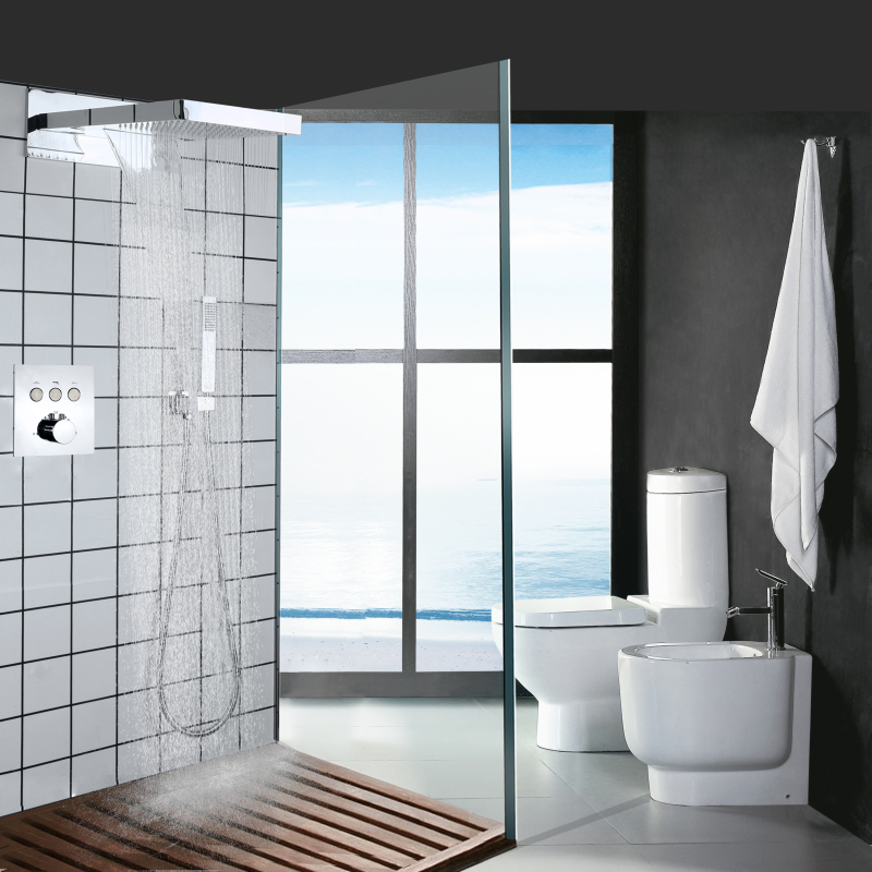 Chrome Polished Thermostatic Shower Set Bathroom Waterfall Rainfall System With Hand Shower Spa