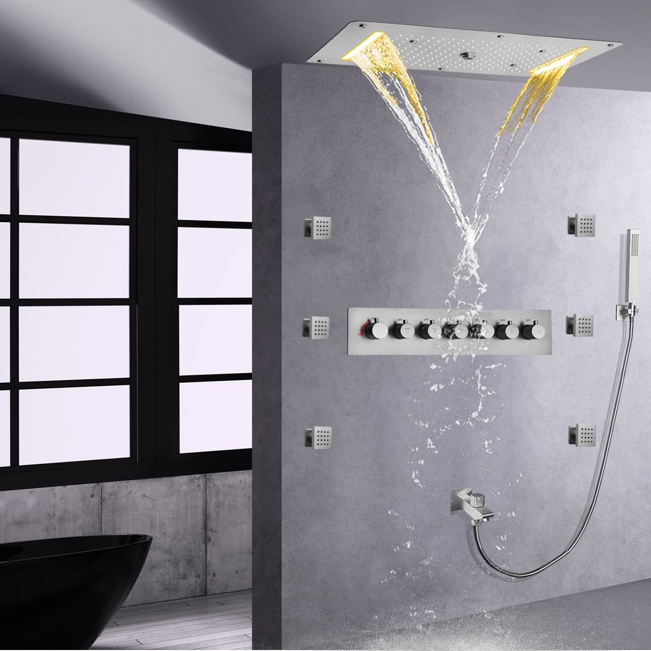 Brushed Nickel LED Thermostatic High Flow Shower System Bathroom Rainfall Concealed Shower Mixer Set