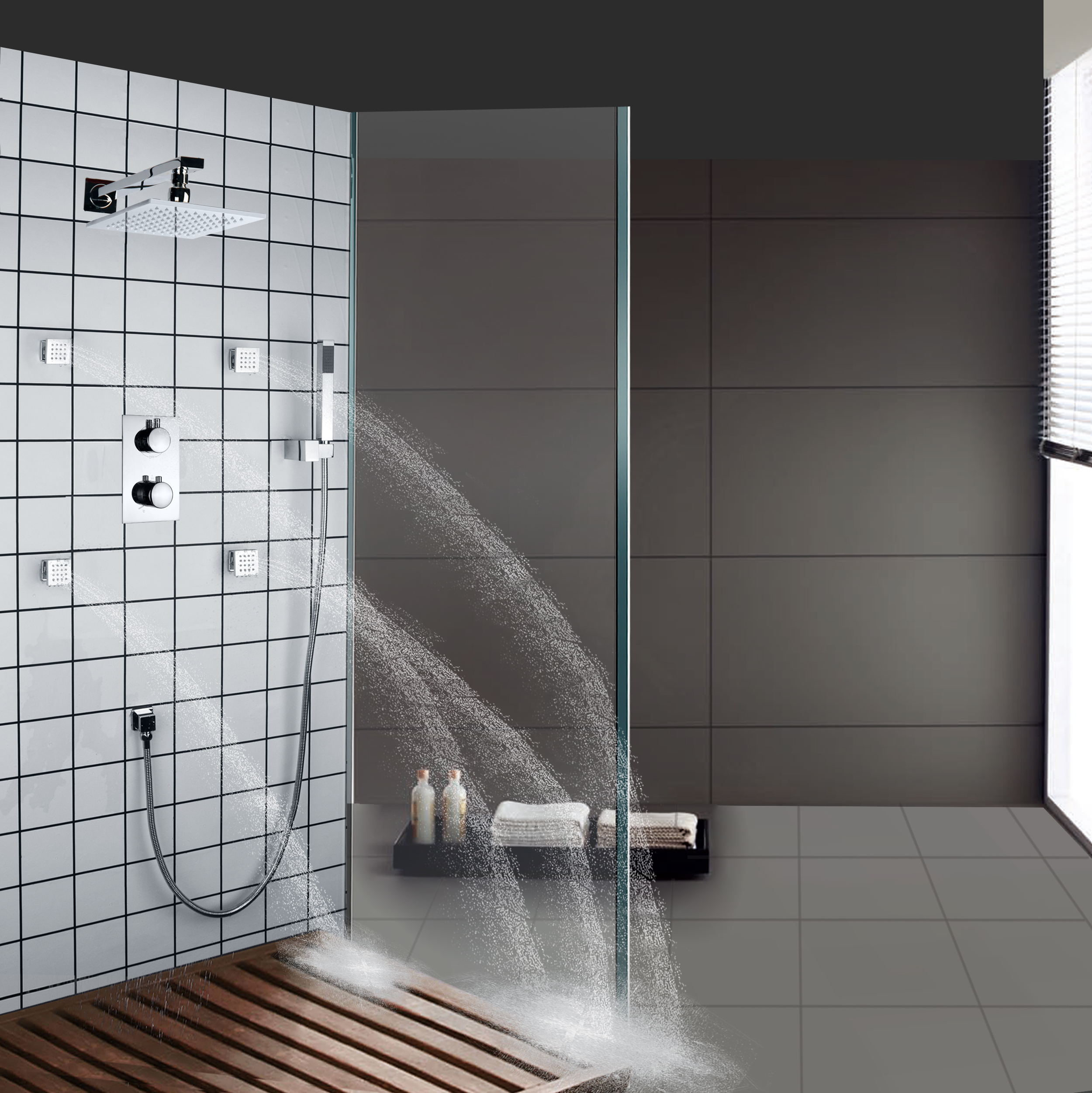 Chrome Polished Thermostatic Bathroom Furniture Shower System LED 7 Colorful Rainfall Concealed Shower