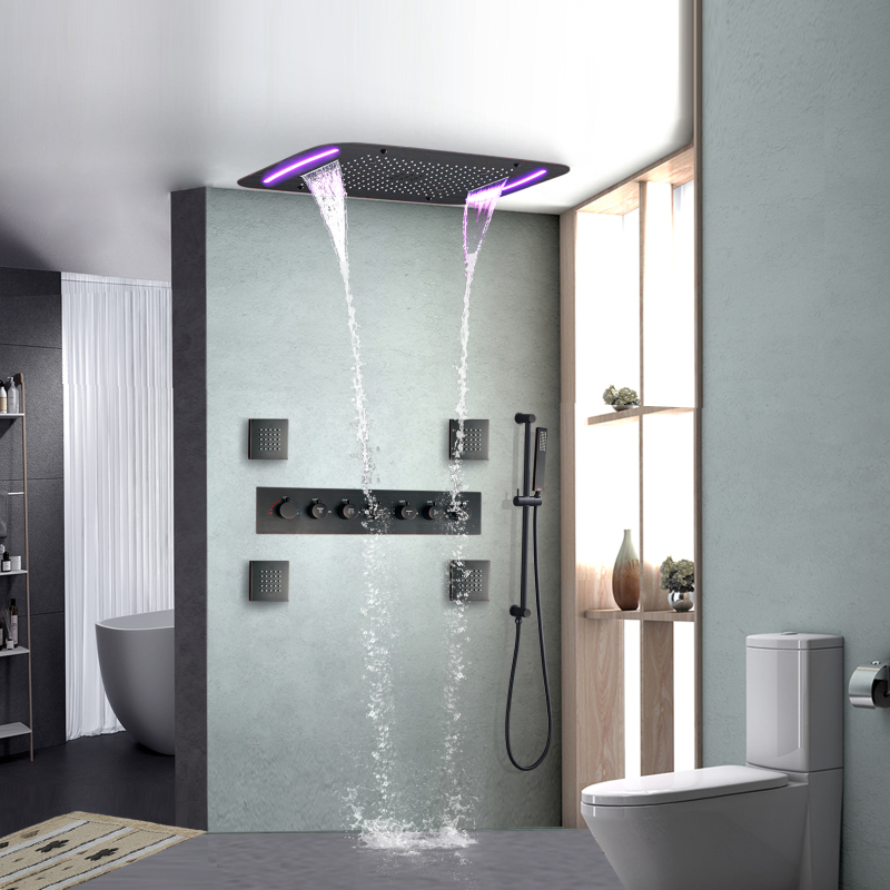 Oil Rubbed Bronze Thermostatic Shower Faucet 71X43 CM Luxury Bathroom LED Massage Rainfall Spray Shower Set
