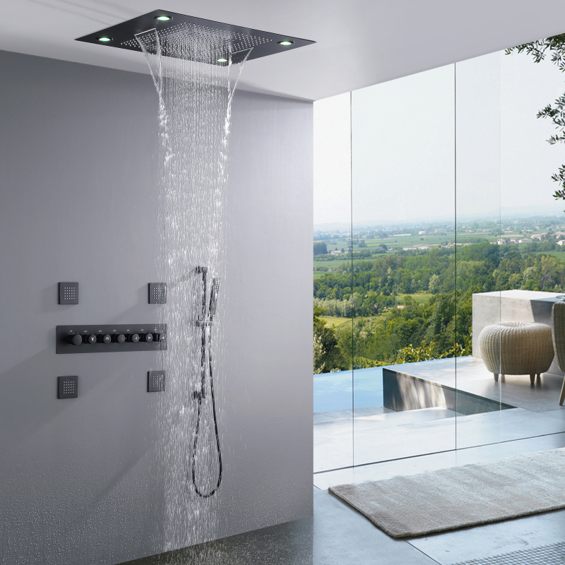 Matte Black Thermostatic Modern Shower Set 24 X 31 Inch LED Rain Shower Head With Handheld Brass Body Waterfall