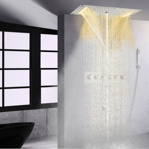 Large High Flow Thermostatic Bath Shower Faucet Set Brushed Nickel LED Waterfall Spray Rains Shower Faucets With Hand Hold