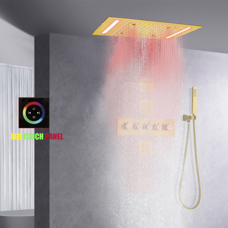 Brushed Gold Rainfall LED Shower System Set 14 X 20 Inch Ceiling Mounted Rectangle Large Bathroom Luxury Shower Head
