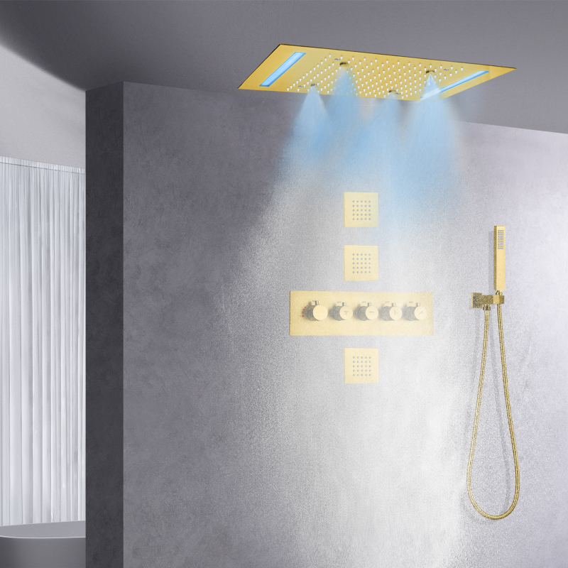 Brushed Gold Rain Shower Head With Hand Sprays Thermostatic 14 X 20 Inch Ceiling Mounted LED Shower Faucet Set