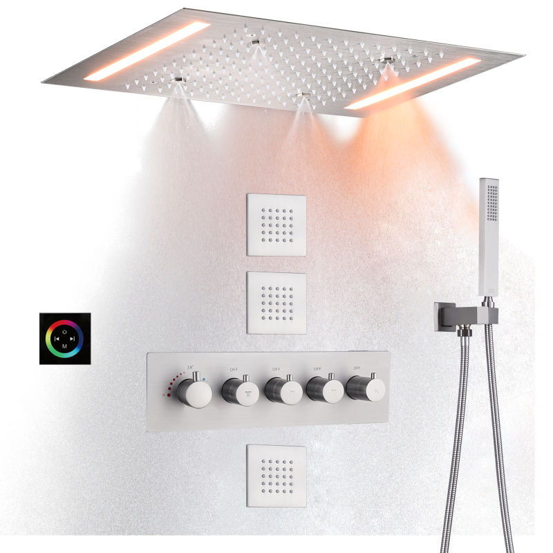 Brushed Rainfall LED Shower System Set 14 X 20 Inch Ceiling Mounted Rectangle Large Bathroom Luxury Shower Head