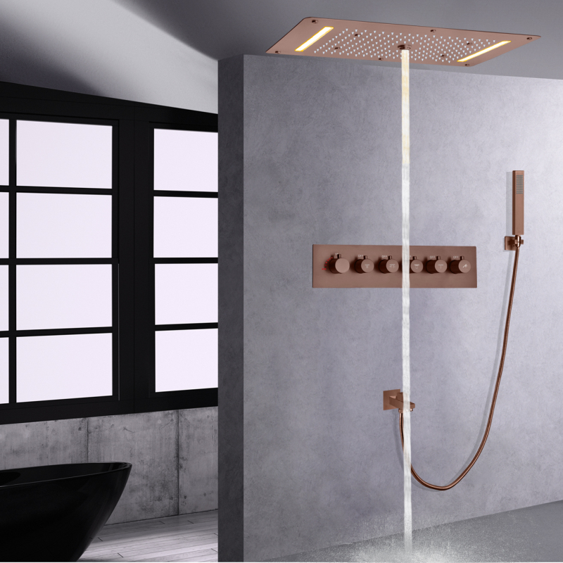 Brown Shower Set Wall-Mounted Bathroom Thermostatic LED Rainfall Waterfall Top Shower With Hand Hold