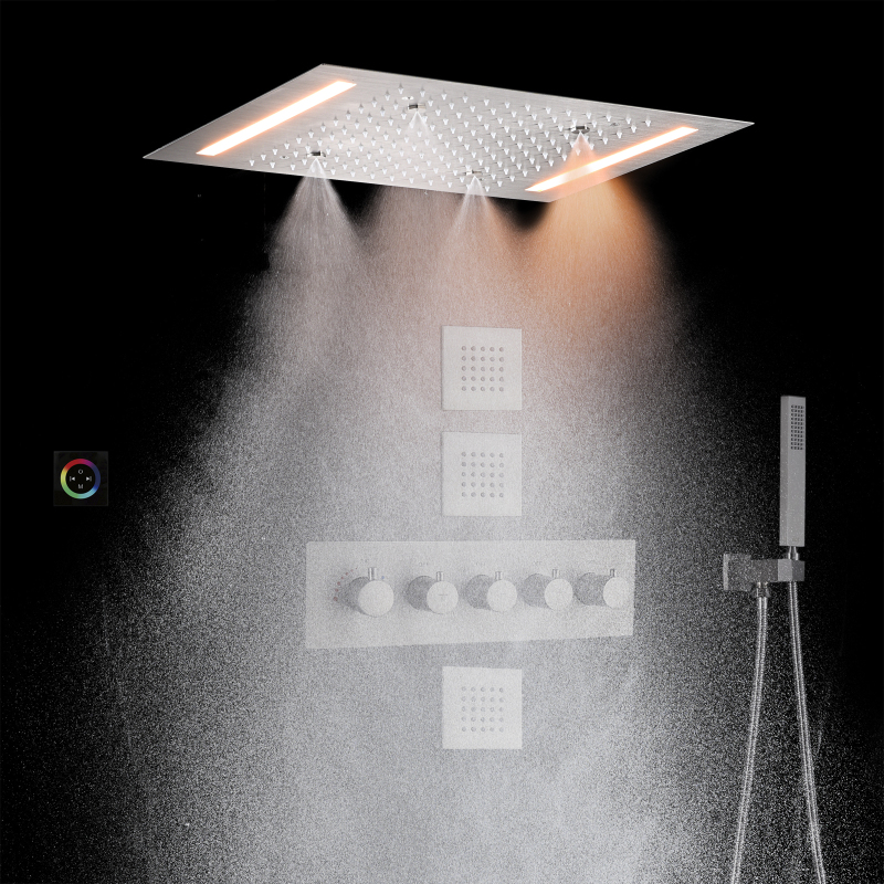 Brushed Nickel Thermostatic Shower System 14 X 20 Inch LED Bathroom Faucet Shower Mist Shower Rainfall