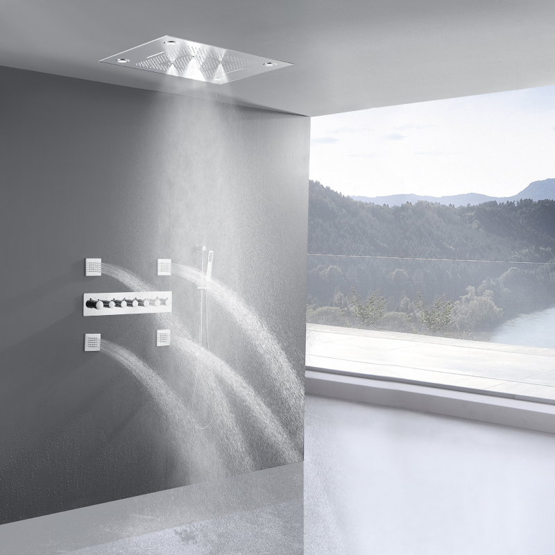Brushed Nickel 24 X 31 Inch Remote LED Control Ceiling Rain Shower Head With Handheld Spray Thermostatic