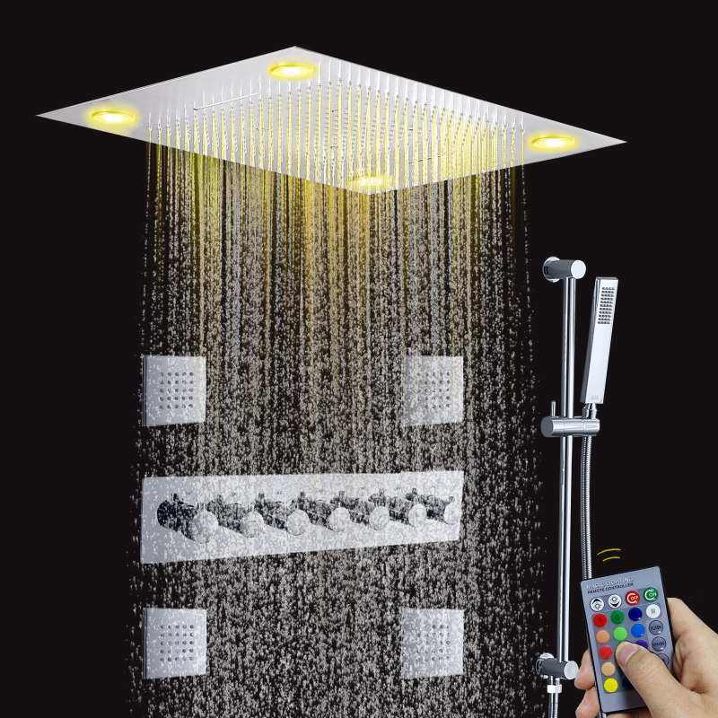 Brushed Nickel 24 X 31 Inch Temperature Remote Control Controlled Colorful Rain LED Shower Head Waterfall Atomizing