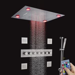 Brushed Nickel High Flow Shower Remote LED Control Rain Shower Head With Handheld Rainfall Thermostatic