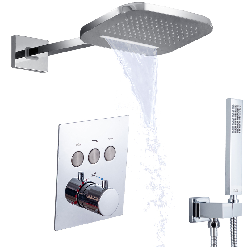 Thermostatic Matte Black Shower System Waterfall And Rain Shower Head All Functions Can Be Work Together