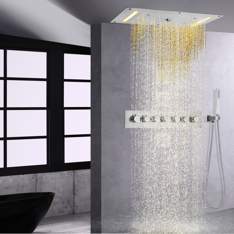 700X380 MM Brushed Nickel LED Shower Head With Handheld Spray Thermostatic Shower System Set For Bathroom