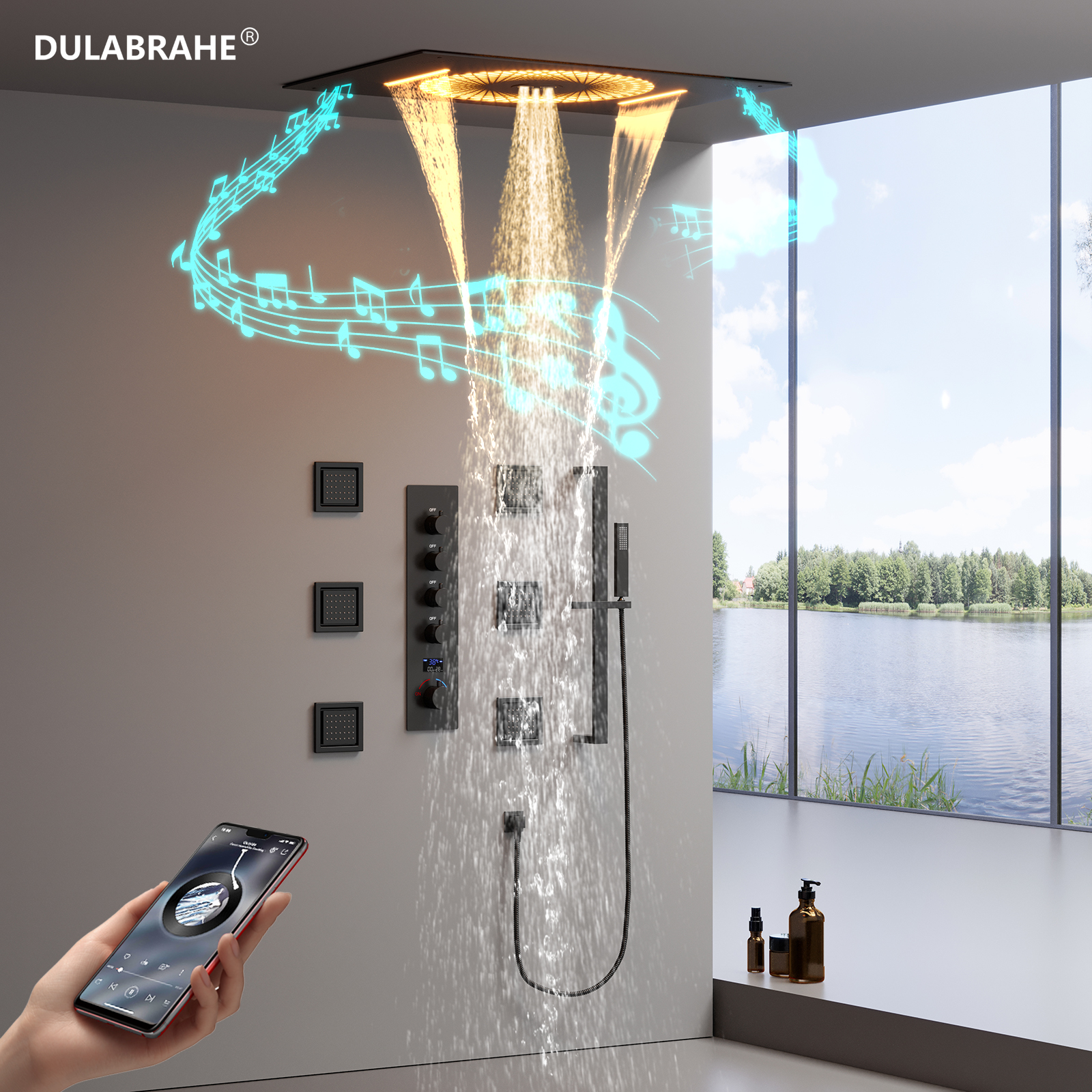 Music Ceiling Color-changing Led Shower Head Recessed Water Column Waterfall Shower Head Temperature Display Hot And Cold Shower Faucet Set