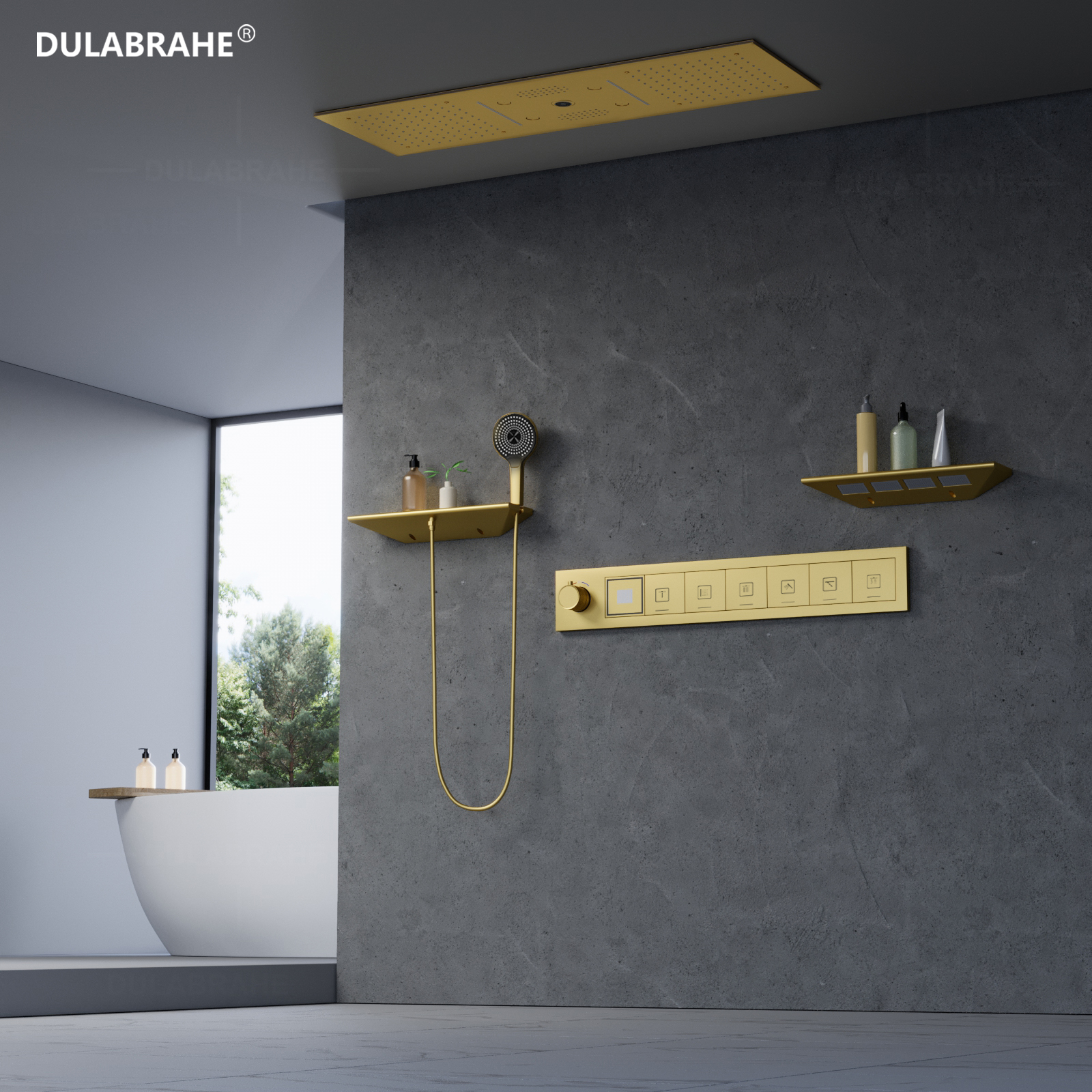 Brushed Gold Bathroom Constant Temperature High Flow Shower Led Light Shower Head with Speaker Waterfall Rainforest System
