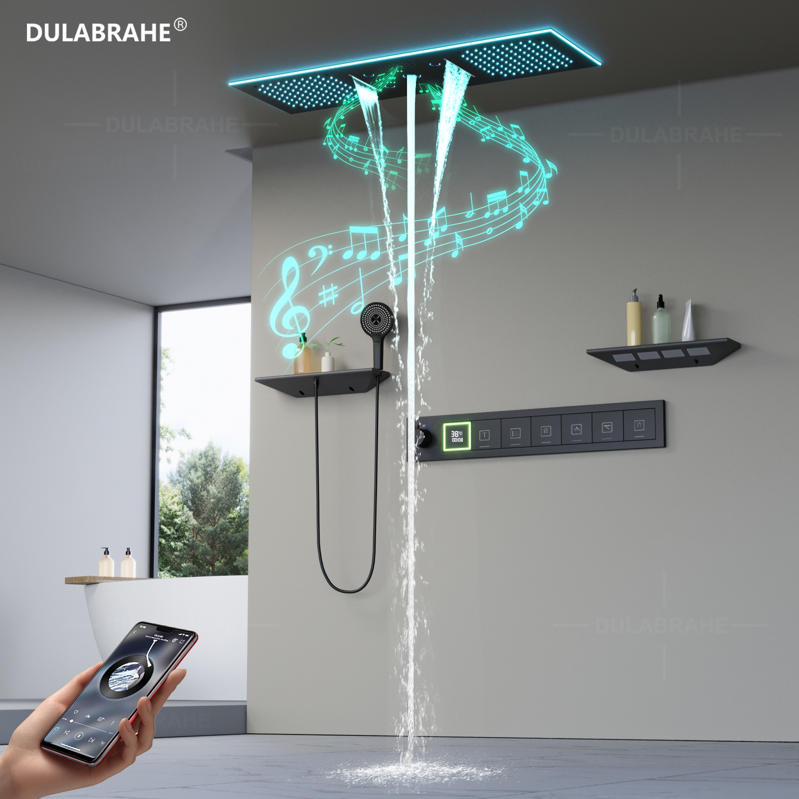 Black Recessed 36*12 Inch Music LED Shower Head Bathroom Constant Temperature Rain Waterfall Shower Head Massage SPA