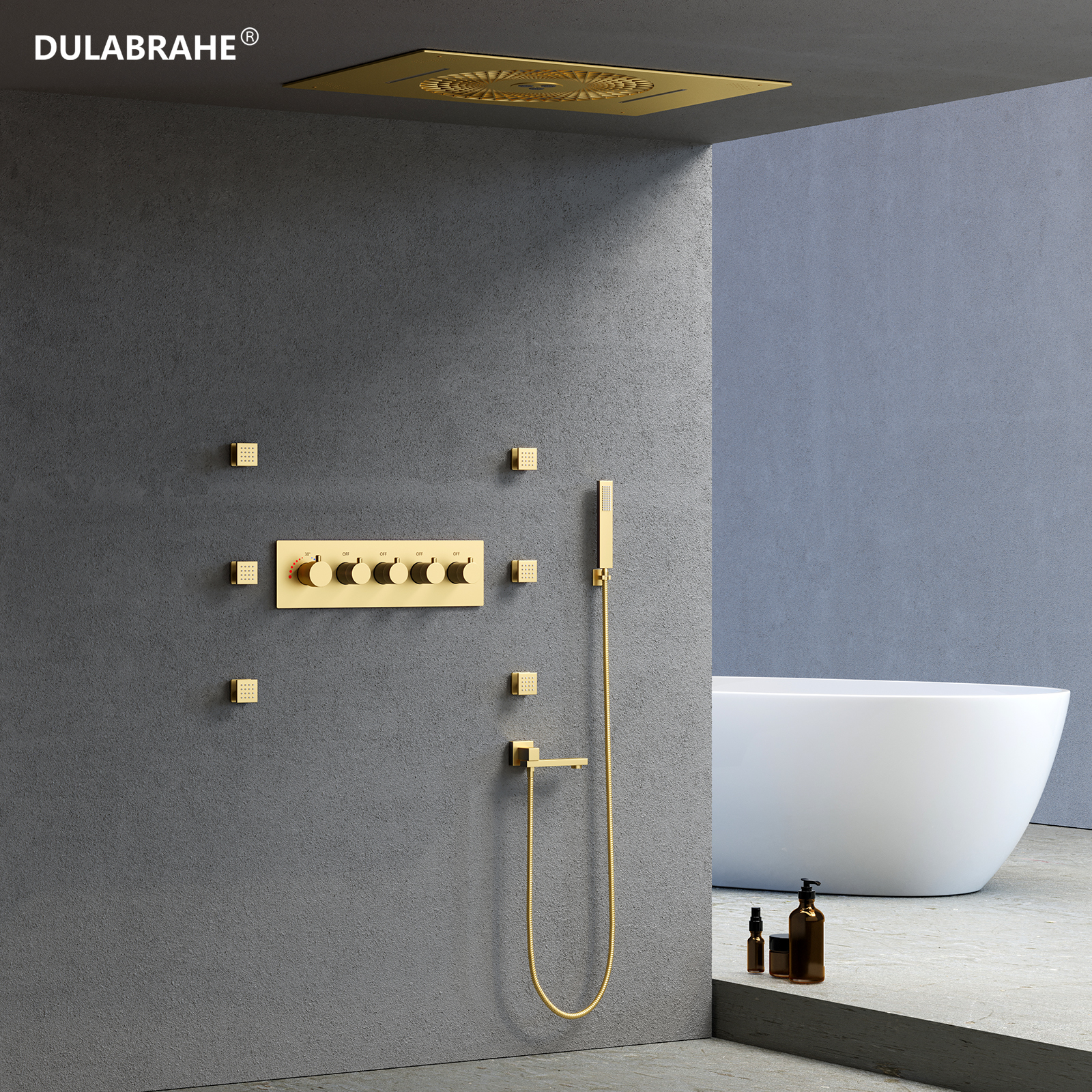 Brushed Gold Brass Shower Thermostat Set, LED Musical Tub Shower Faucet System, Side Spray Head, Massage Spa