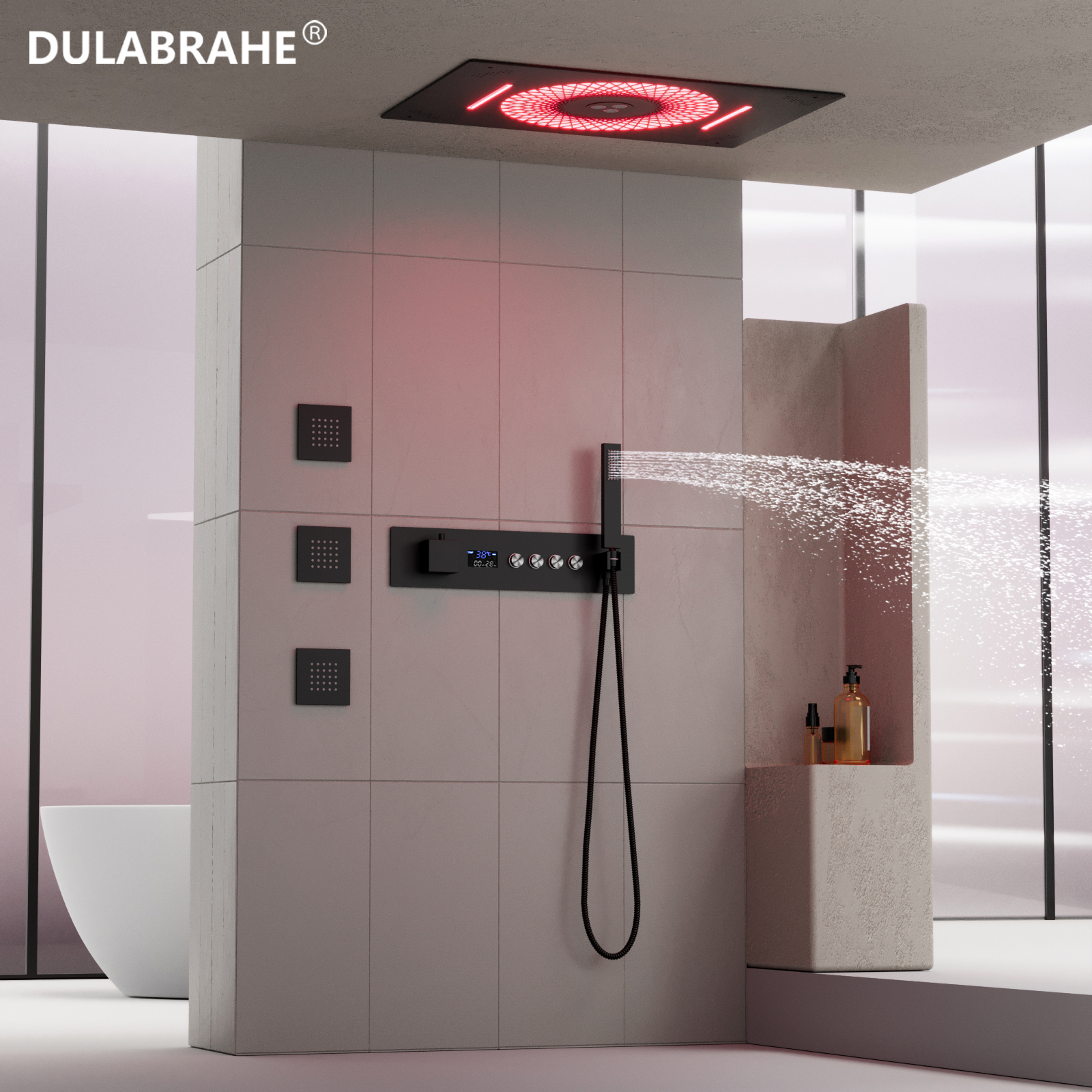 600X405MM Top Spray Shower Head with Music Speakers LED Waterfall Jet Bath Thermostat Shower Faucet Set