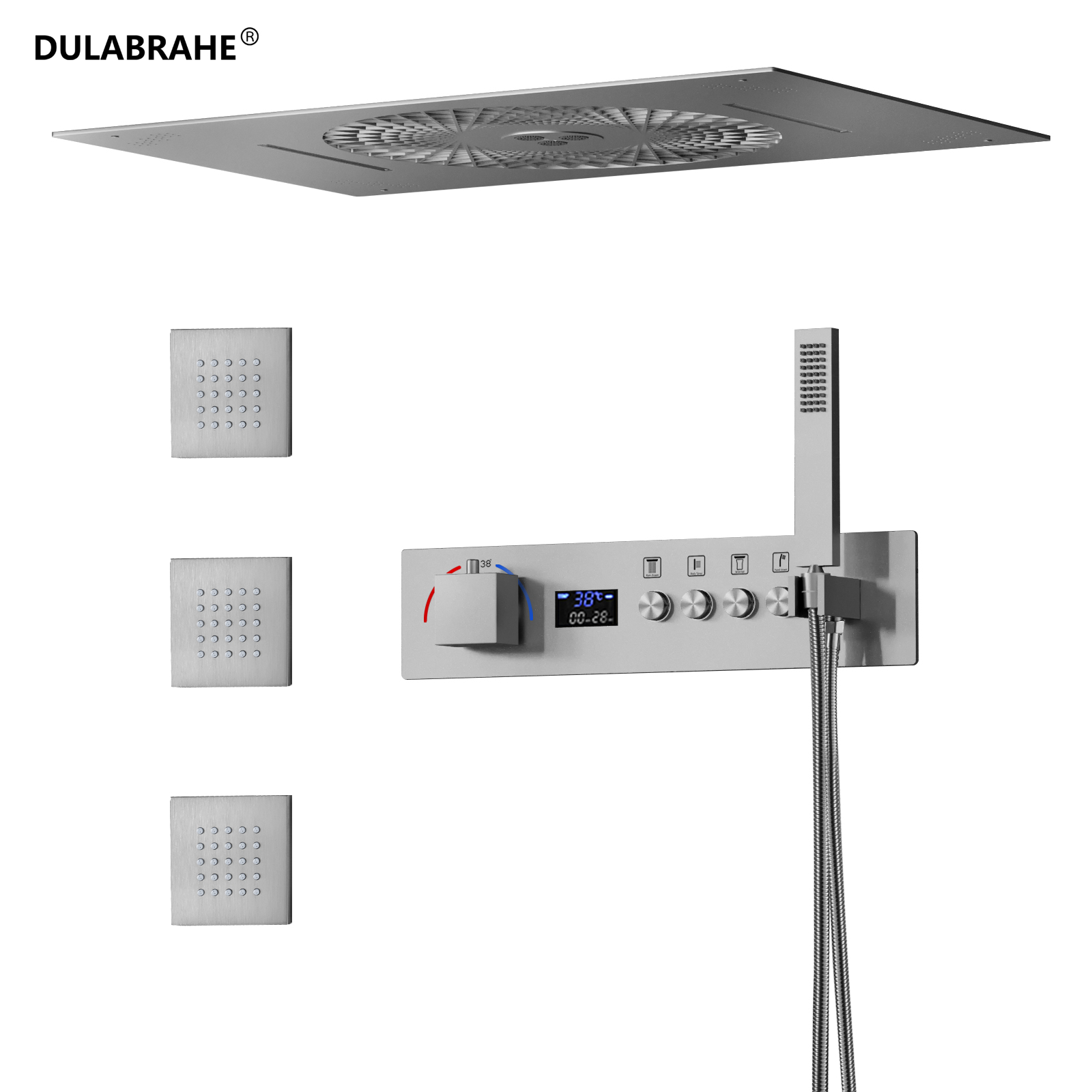 Ceiling Recessed Brushed LED Shower Head with Digital Display Waterfall Column Bathroom Thermostatic Shower Head Set System