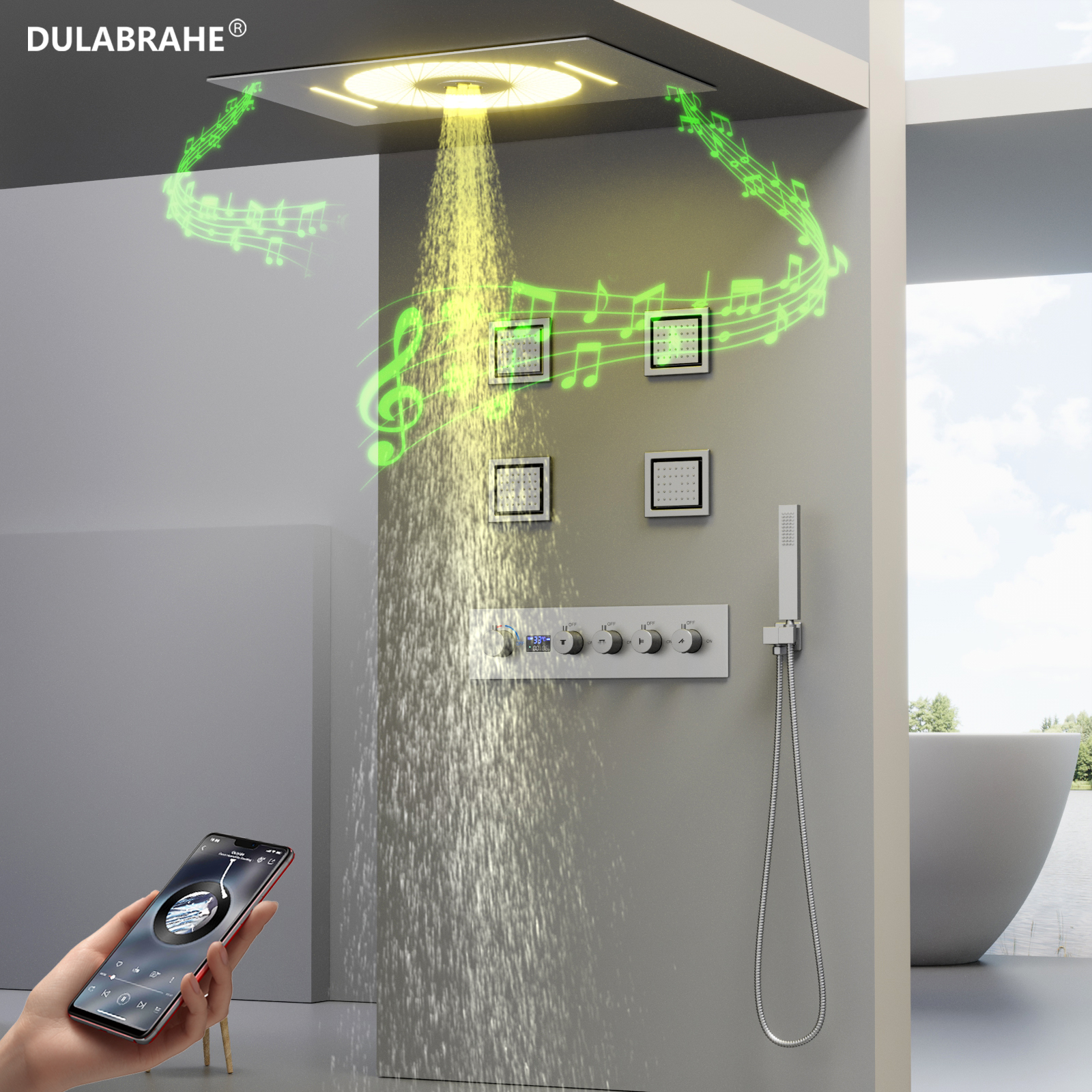 Hot And Cold Valve Water Faucets in Bathrooms Luxury LED Lights Sanitary Ware Stainless Steel Ceilings Shower Set with Sprinklers