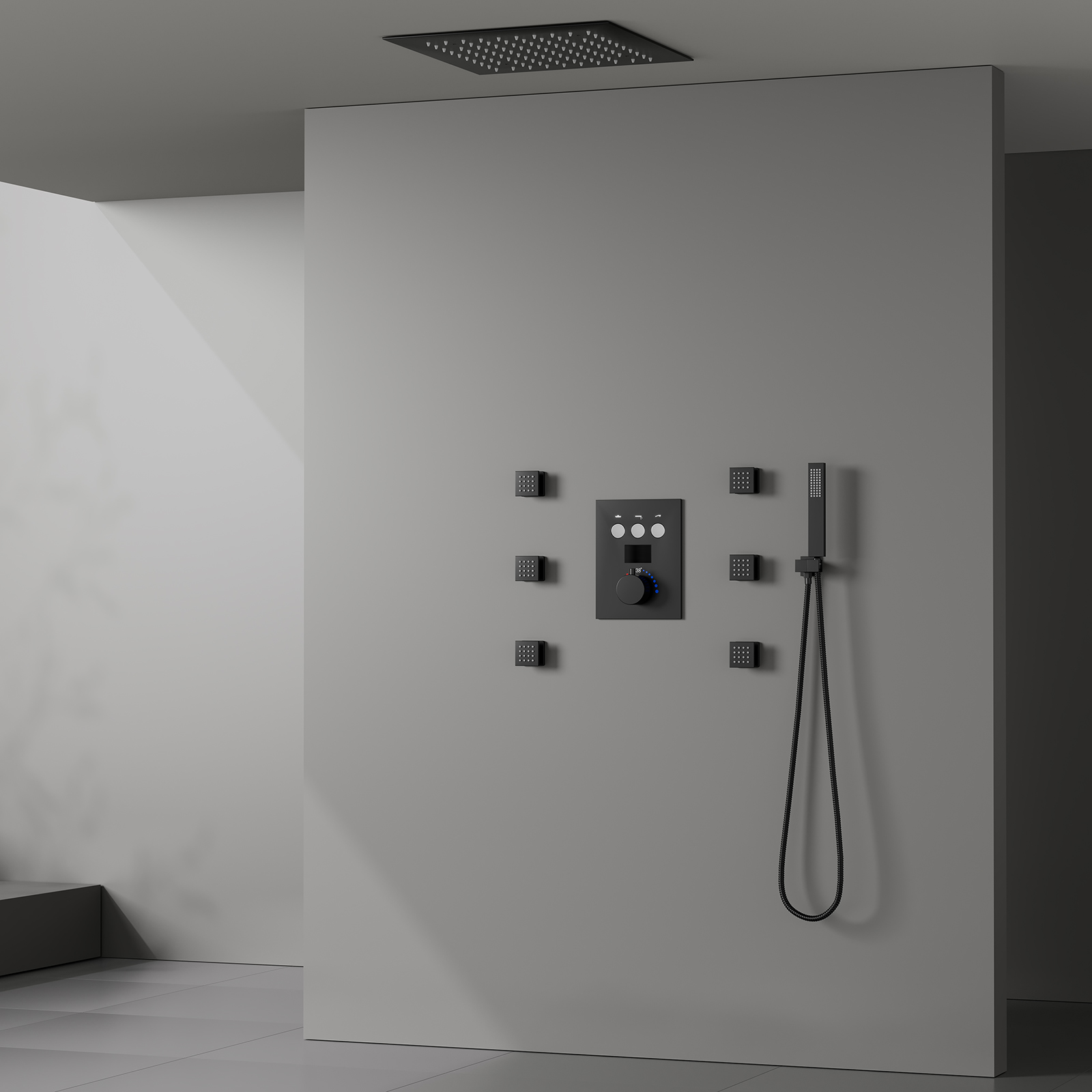 Thermostat 64 LED Color Rain Shower System 3 Function Buttons Digital Display Shower Valves Faucet Set