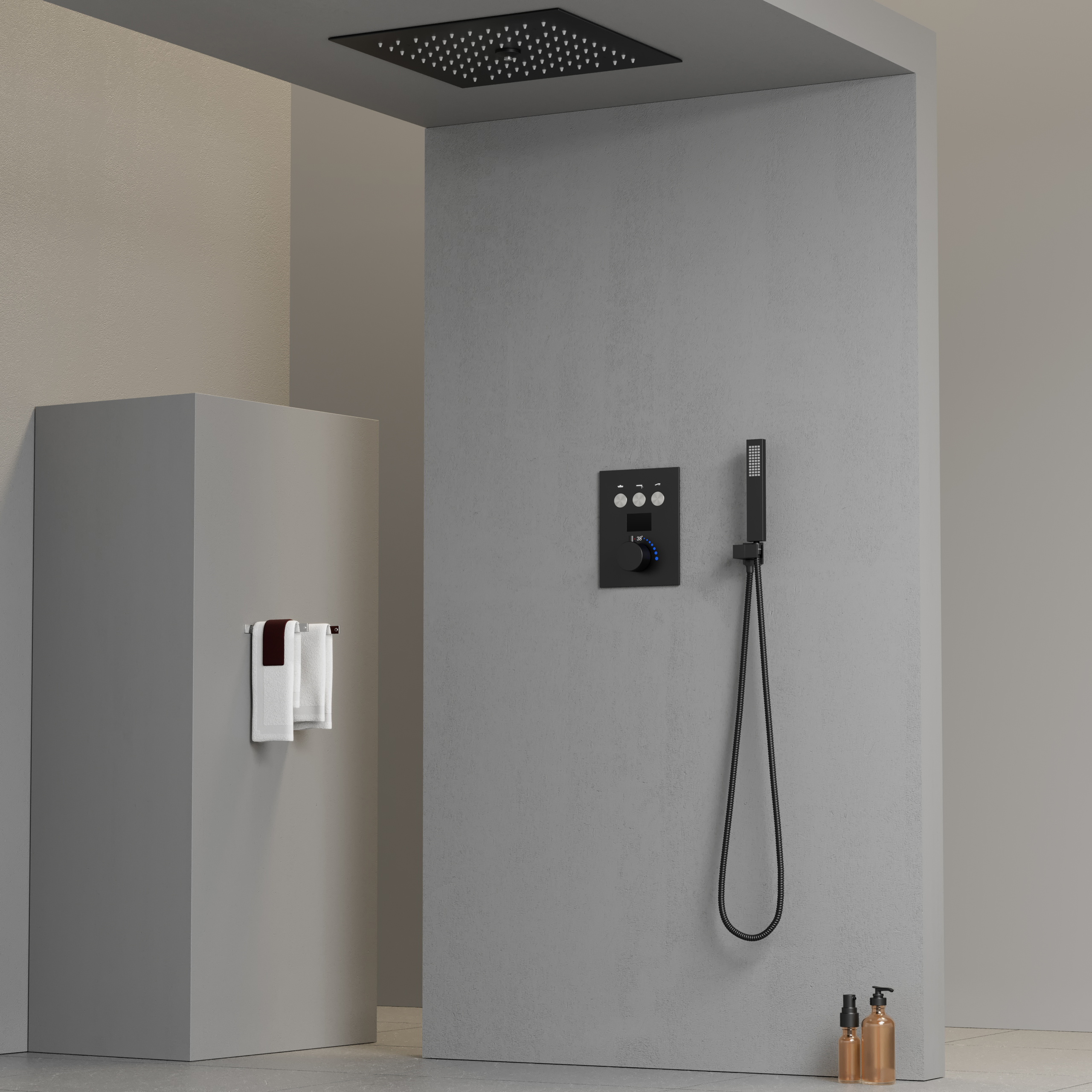 Matte Black Square LED Rain Shower Head Set Bathroom Thermostatic Shower Head System