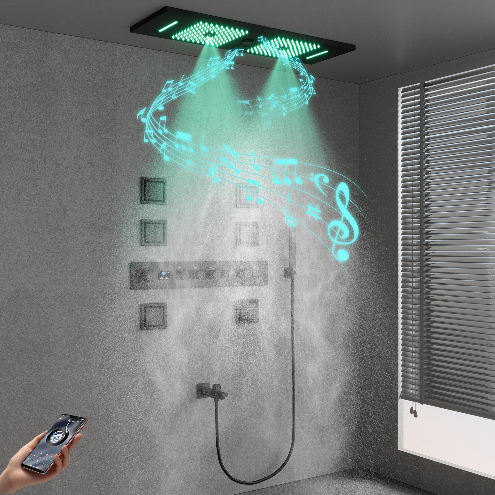 900X300MM Matte Black Bluetooth Music LED Shower Valve System Is Divided into Hidden Shower Set