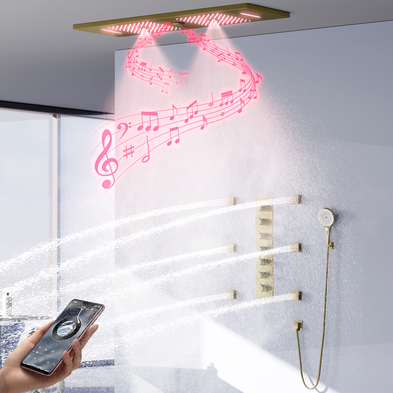 LED Bathroom Brushed Gold Shower Head System Rain Shower Waterfall System Thermostatic Shower Faucet Set