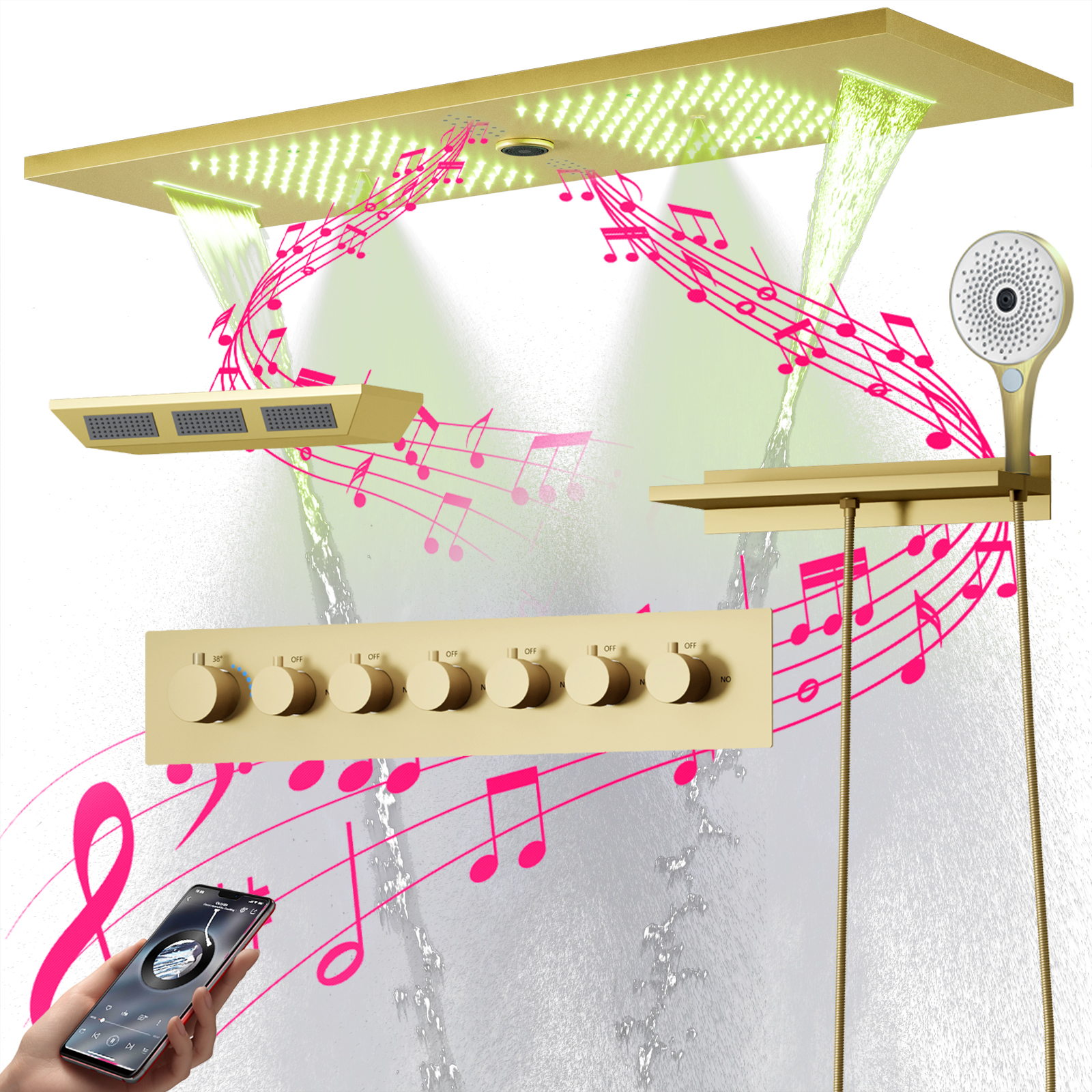 Bathroom Atomized Waterfall Thermostatic Shower Faucet with Shower Body Shower Head And Music Function Rain Shower LED Shower Head