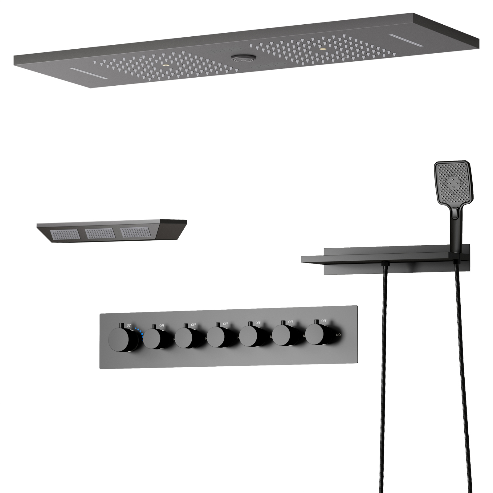 Ceiling Mounted Square Gun Grey LED Music Shower Head Set Rain Spray Thermostat Faucet with Side Showerhead