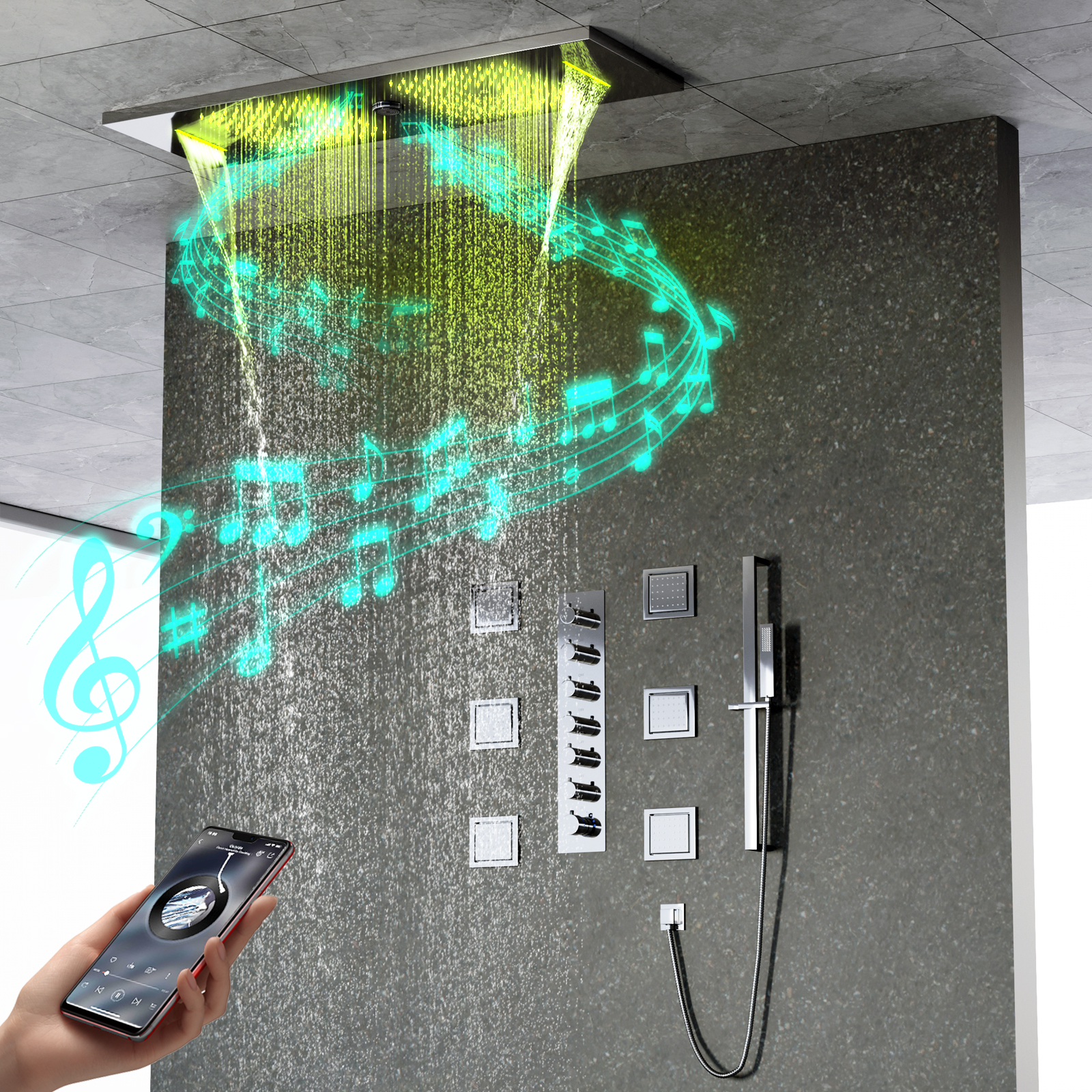 Bath Spa Shower Faucet Rain Waterfall Shower Recessed Ceiling Shower Head Set with Body Jets