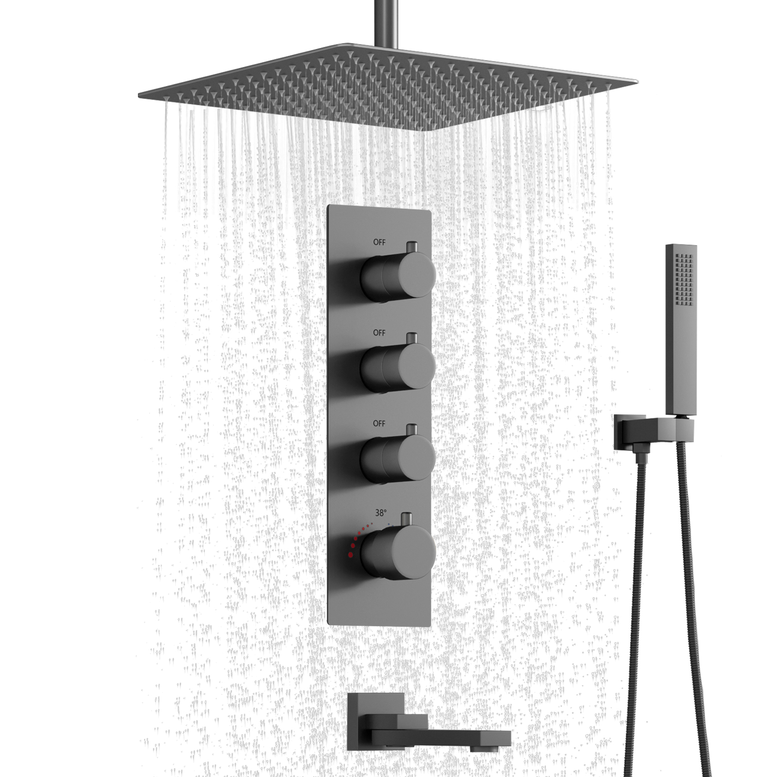 Brass Gun Grey 3 Function Bathroom Rain Shower System with Shower Head And Hose Set